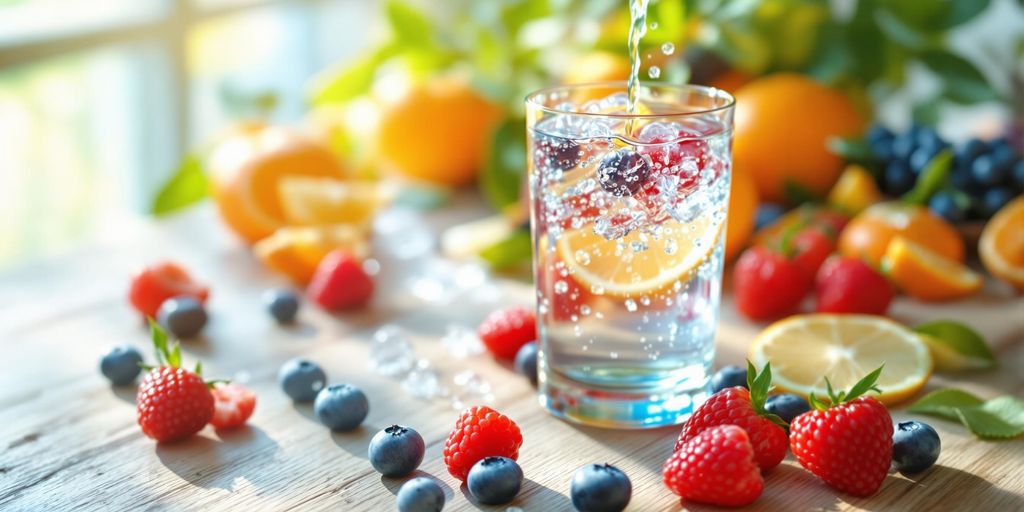 A glass of water with fresh fruits on a table.