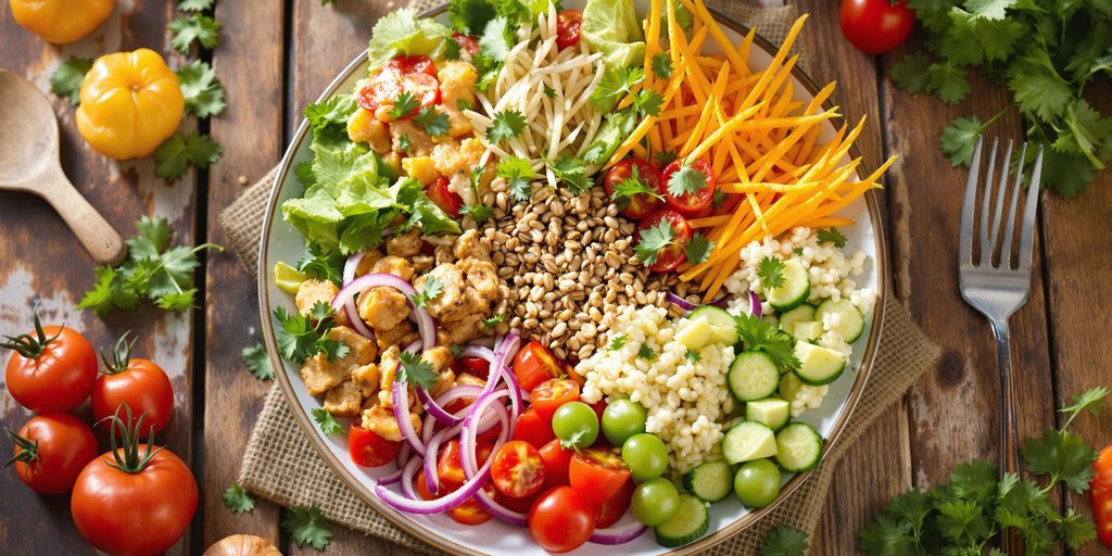 Colorful healthy meal on a wooden table.