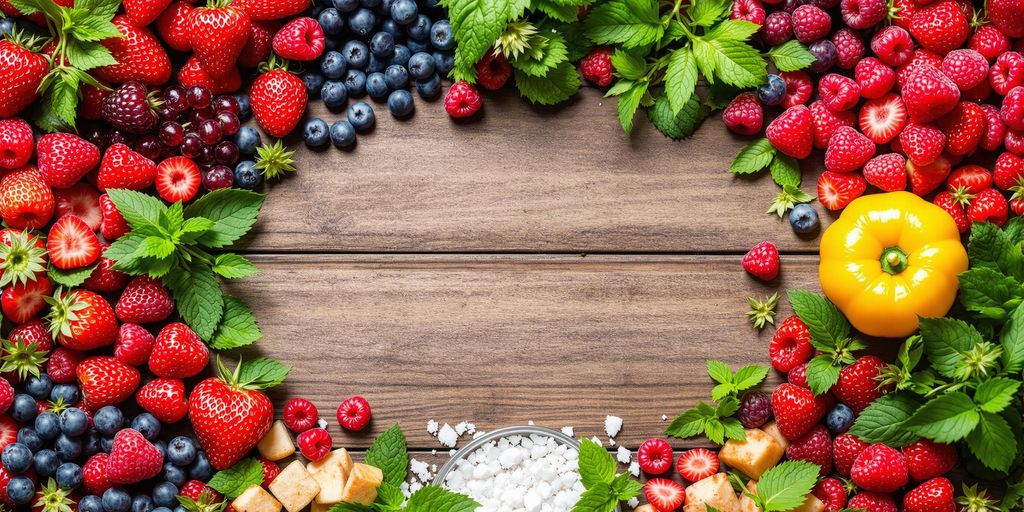 Fresh fruits and herbs on a wooden table.