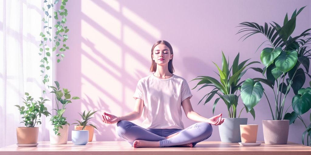 Person meditating in a tranquil workspace with plants.