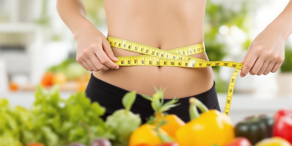 Person measuring waist with fresh fruits and vegetables nearby.