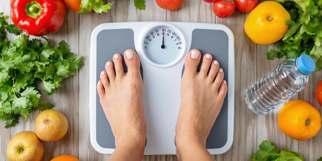 Person standing on a scale with healthy food around.