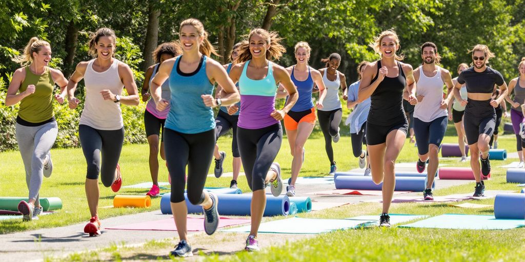 Diverse beginners exercising outdoors in a sunny park.