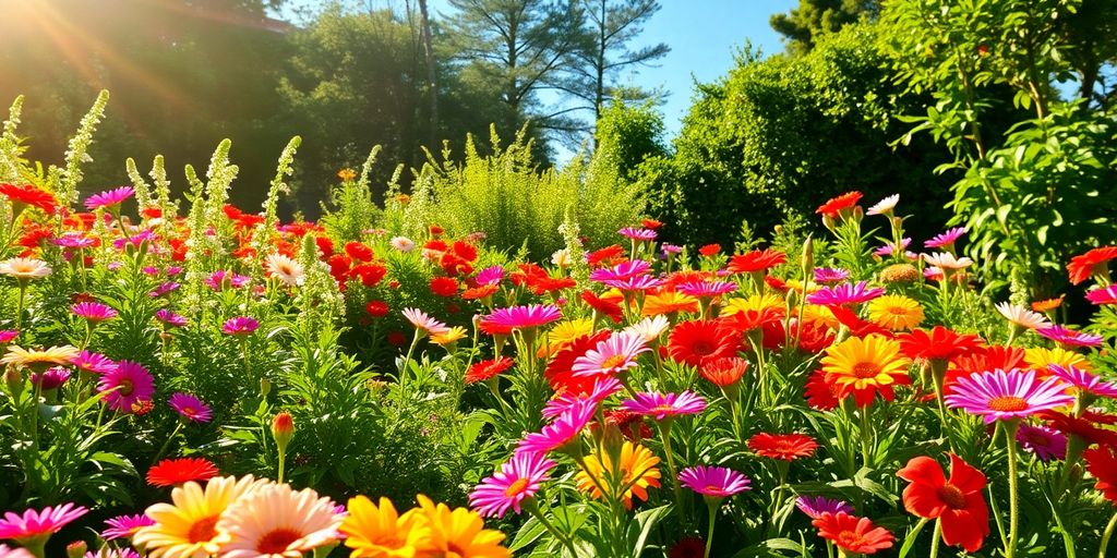 A colorful garden in bright sunlight with flowers.