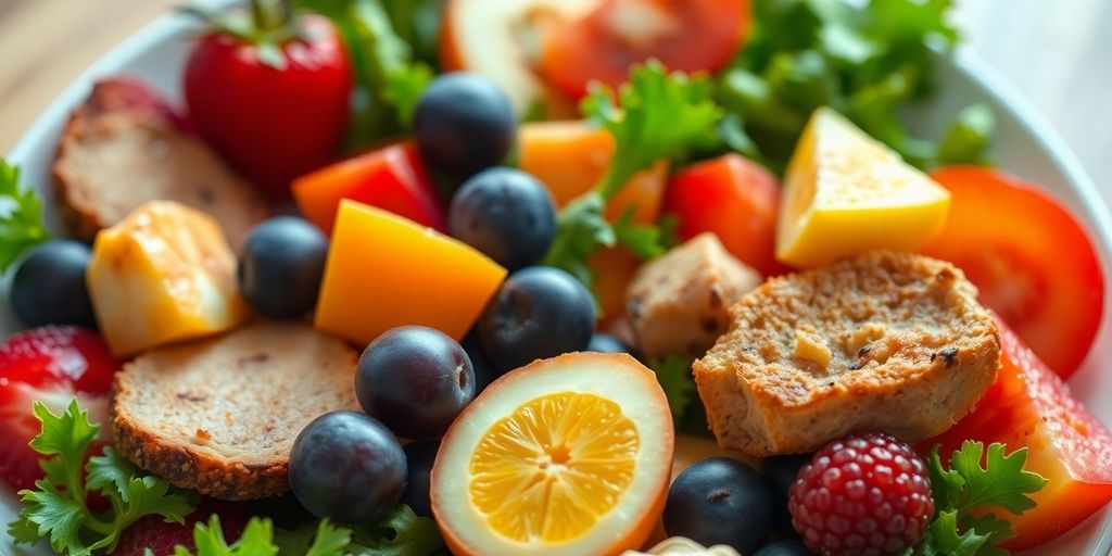 Colorful healthy meal with fruits and vegetables on a plate.