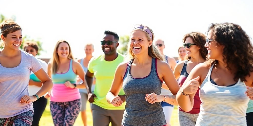 Group of people exercising outdoors, promoting community and support.