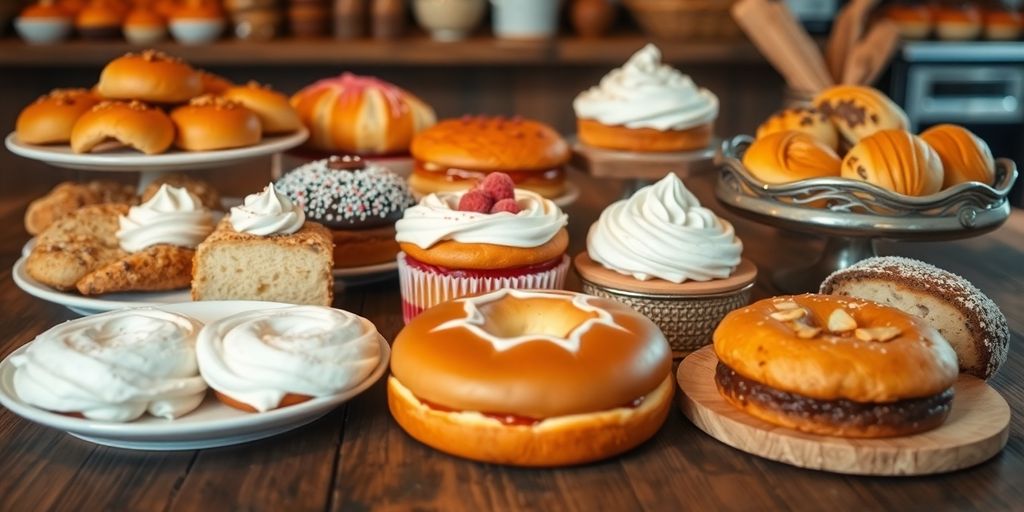 Freshly baked goods on a rustic wooden table.