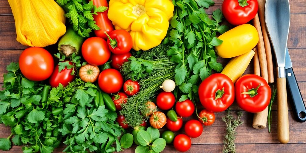 Fresh vegetables and herbs on a wooden table.