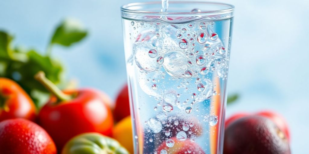 Glass of water with fruits and vegetables around it.