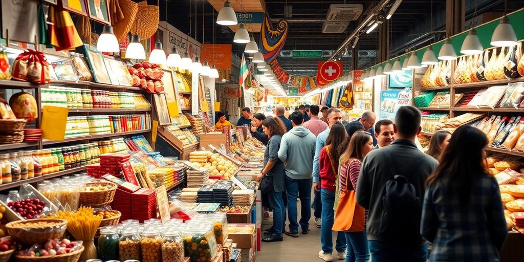 Busy market scene with diverse products and engaged customers.