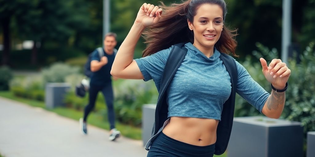 Busy person exercising outdoors in athletic clothing.