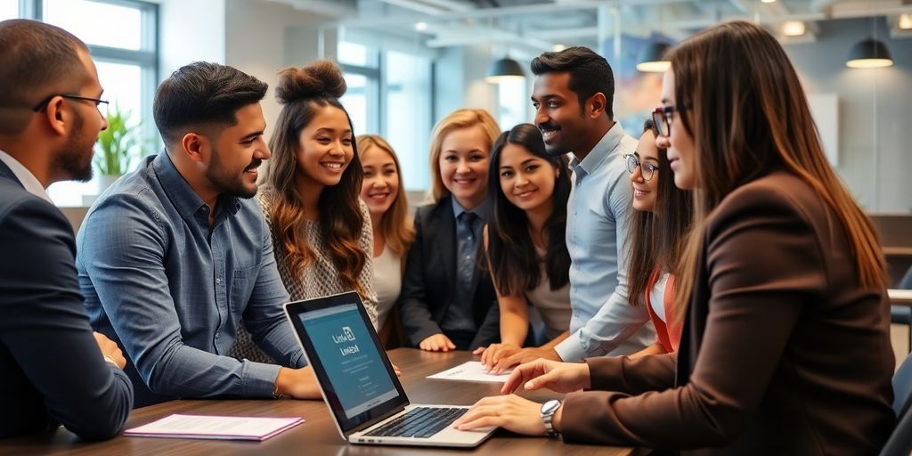 Group discussing social media strategy in a modern office.