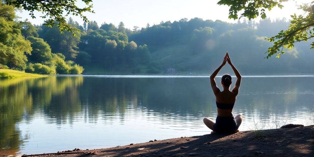 Person practicing yoga by a tranquil lake in nature.