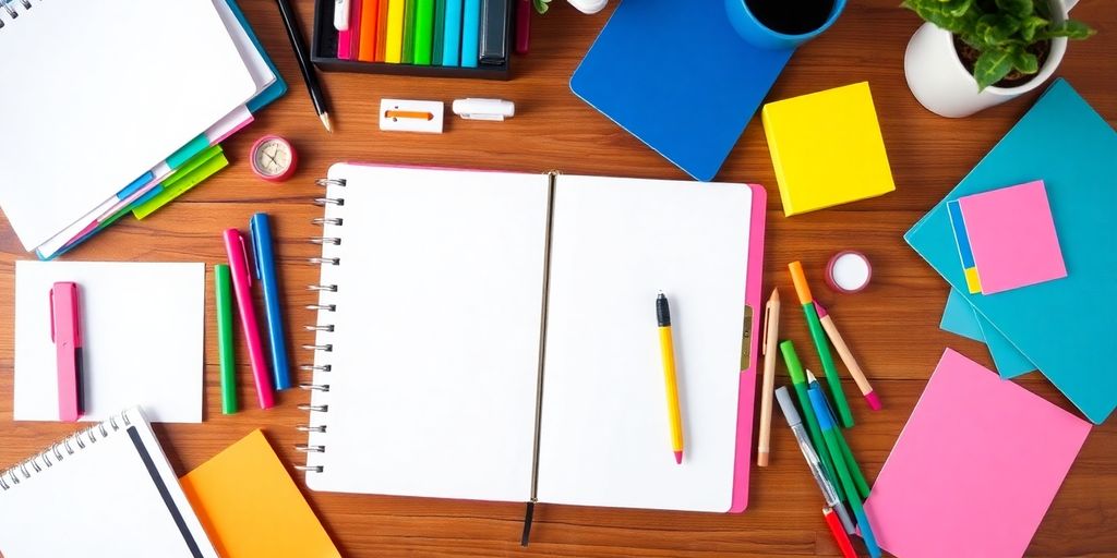 Colorful planner and creative tools on a wooden desk.