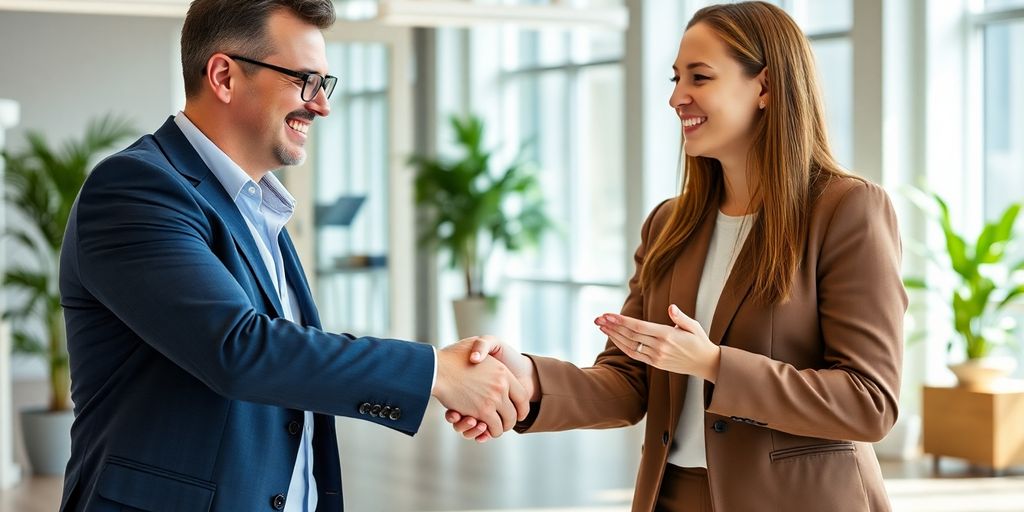 Two professionals shaking hands in a bright office.