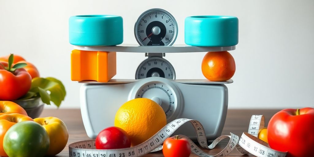 Colorful weights and fruits on a wooden table.