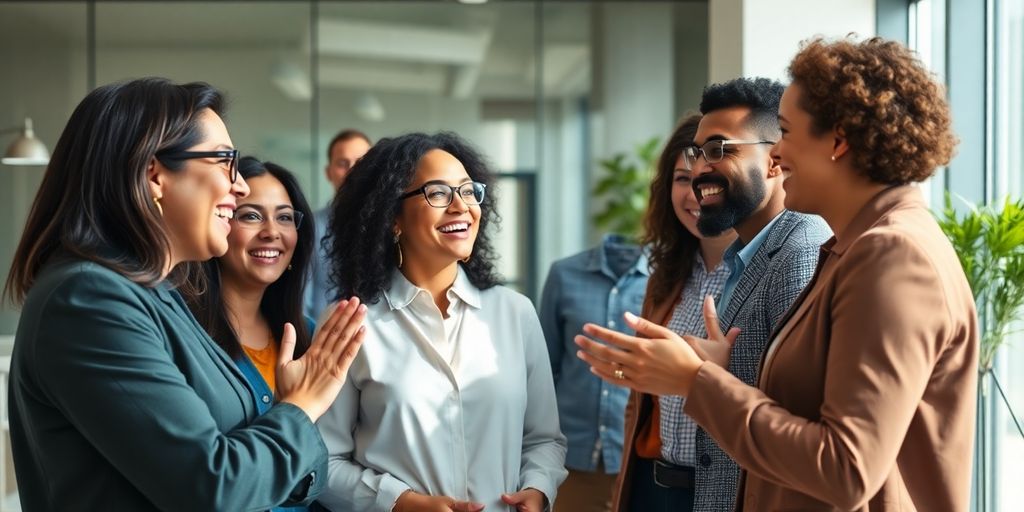 Diverse leaders collaborating in a modern office setting.