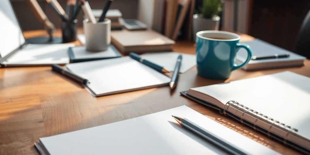 Wooden desk with notebook and coffee cup for planning.