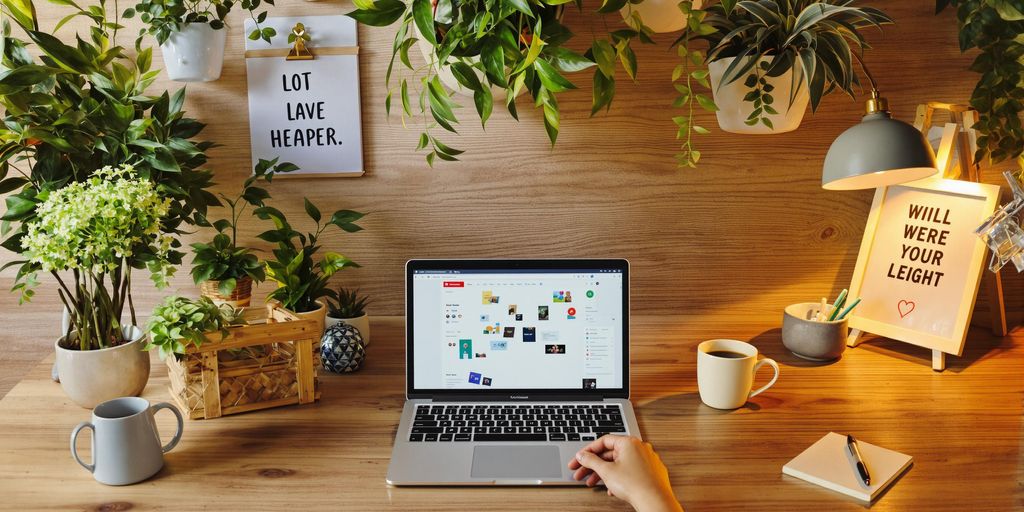 Inspiring workspace with laptop, notepad, and plants.