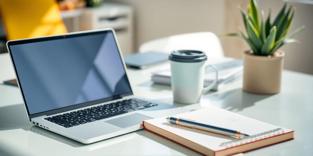 Workspace with laptop, notepad, and coffee cup.