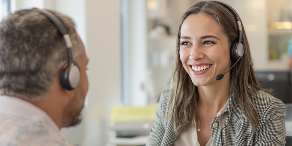 Customer service representative on a headset in office.