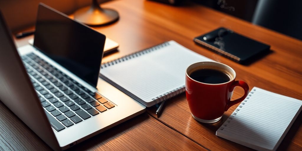 Desk with laptop, notebook, and coffee cup.