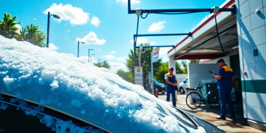 A clean car being washed with foam and workers.