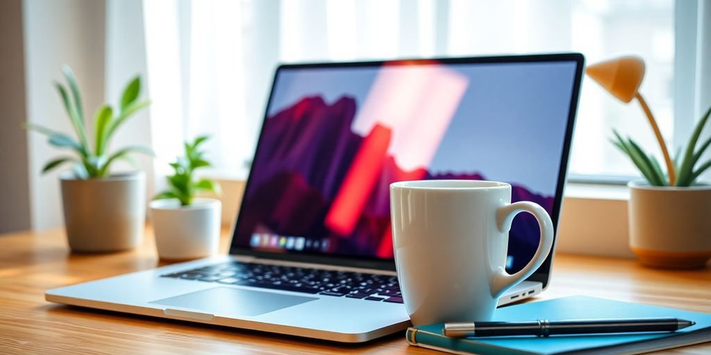 Workspace with laptop, coffee, and notebook for business.