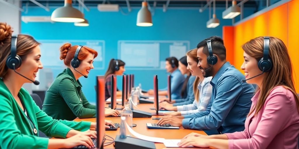 Customer service agents assisting clients at a help desk.